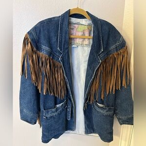 Jenjer Denim Jean  Jacket with leather fringe heavy jacket  belt close Womens M